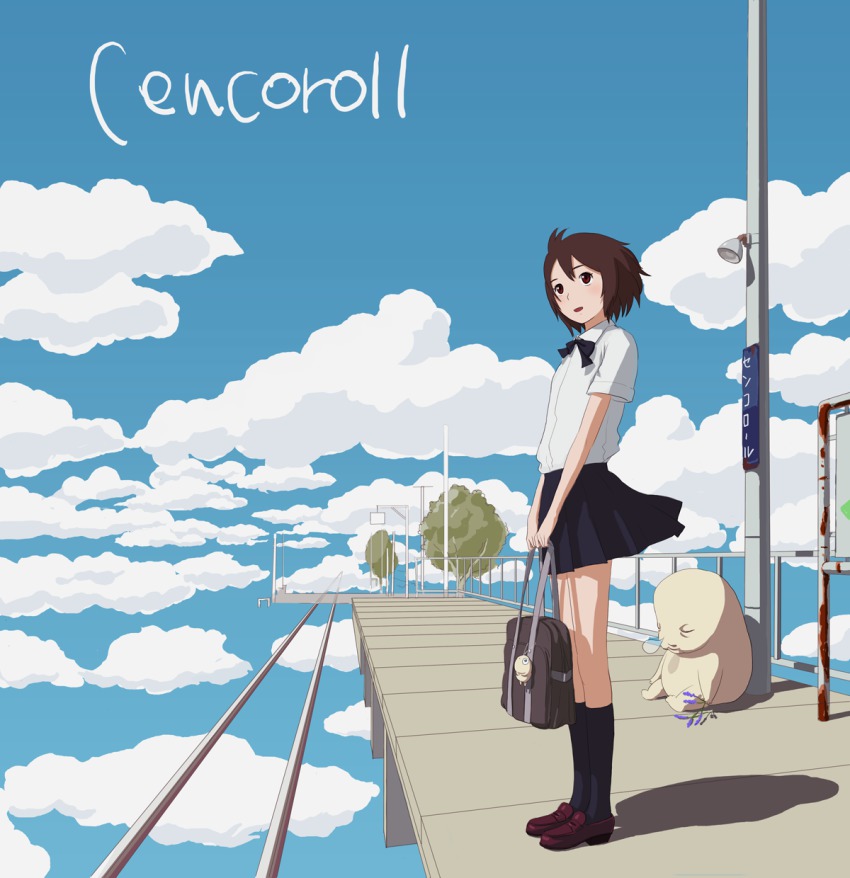 1girl bag bow bowtie brown_eyes brown_hair cenco cencoroll cloud day flat_chest highres kokudou_juunigou minimized miniskirt monster nose_bubble outdoors pleated_skirt school_uniform shirt shoes short_hair skirt sky sleeping smile socks train_station tree yuki_(cencoroll)