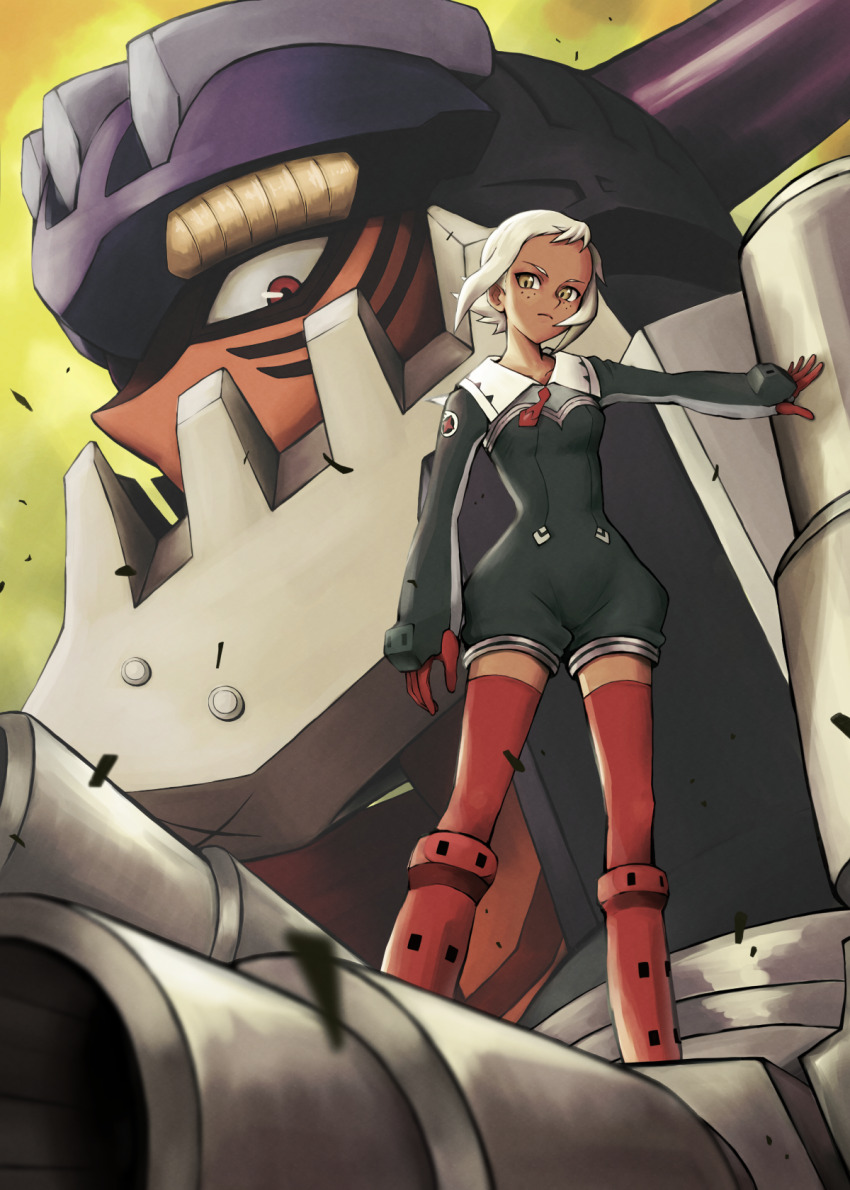 1girl a-keru blue_jumpsuit boots commentary_request dark-skinned_female dark_skin dix-neuf freckles gloves highres jumpsuit lal&#039;c_mellk_mal long_sleeves looking_at_viewer mecha necktie red_gloves red_necktie red_thighhighs robot sailor_collar short_hair standing thighhighs top_wo_nerae!_(series) top_wo_nerae_2! white_hair white_sailor_collar yellow_eyes