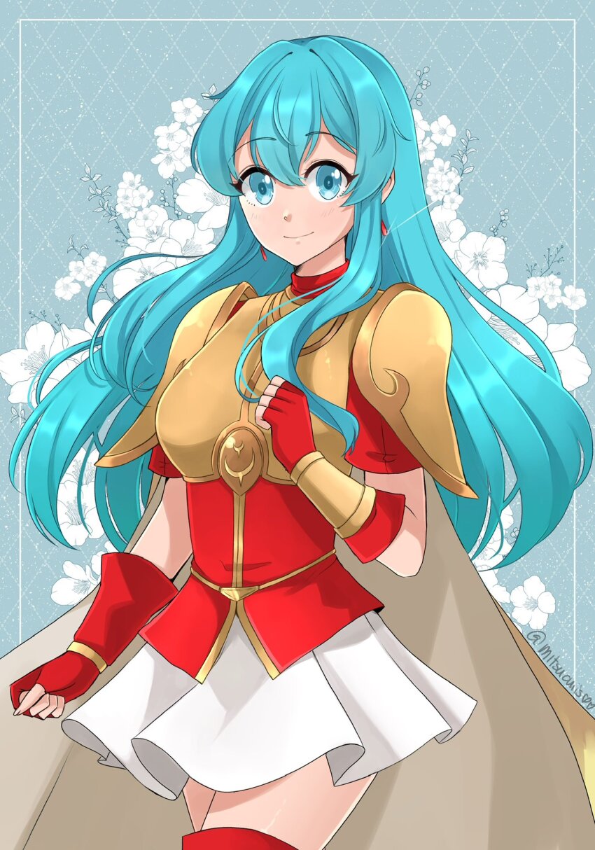 1girl aqua_eyes aqua_hair argyle_background armor bracelet breastplate cape closed_mouth commentary cowboy_shot earrings eirika_(fire_emblem) english_commentary fingerless_gloves fire_emblem fire_emblem:_the_sacred_stones floral_background gloves hair_between_eyes highres jewelry long_hair looking_at_viewer mitsuchiis nintendo pauldrons red_gloves red_shirt shirt short_sleeves shoulder_armor skirt smile solo twitter_username white_skirt