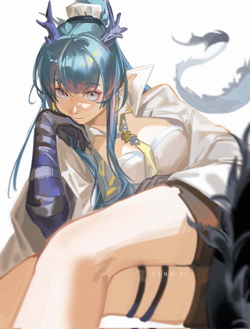 1girl arknights artist_name blue_eyes blue_hair breasts character_request dragon_horns dragon_tail expressionless foreshortening gloves highres horns jacket long_hair looking_at_viewer necktie pointy_ears ponytail shorts simple_background solo tail thigh_strap white_background yingzi