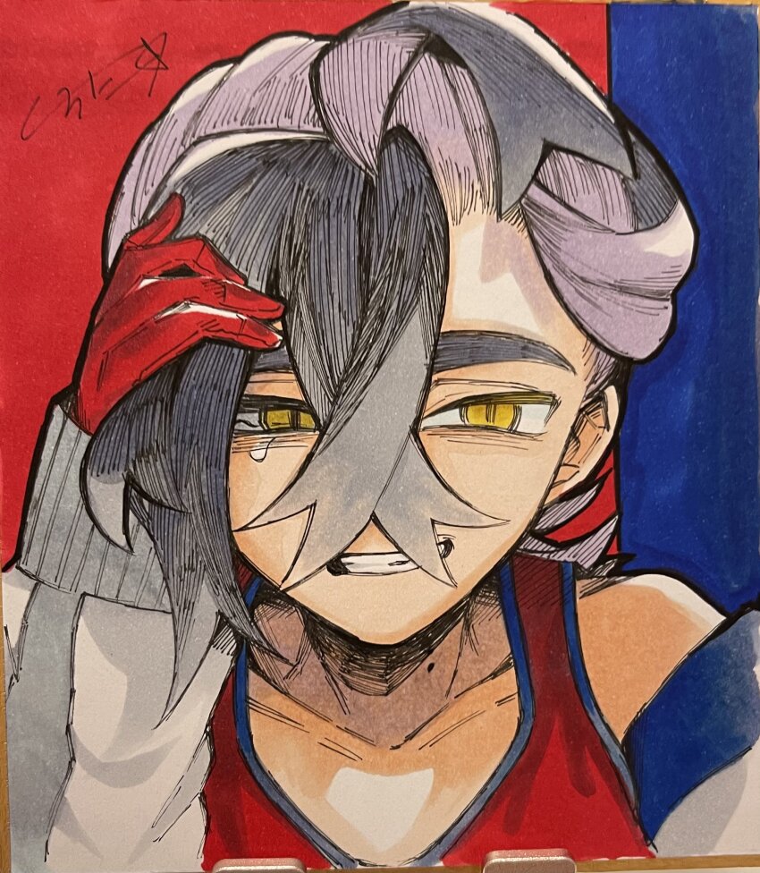 1boy absurdres black_hair collarbone commentary_request crossed_bangs gloves hair_between_eyes hei_tai_(kyaputen1) highres jacket kieran_(pokemon) long_sleeves male_focus multicolored_hair nintendo off_shoulder pokemon pokemon_sv purple_hair red_gloves signature solo teeth traditional_media two-tone_background two-tone_hair upper_body yellow_eyes