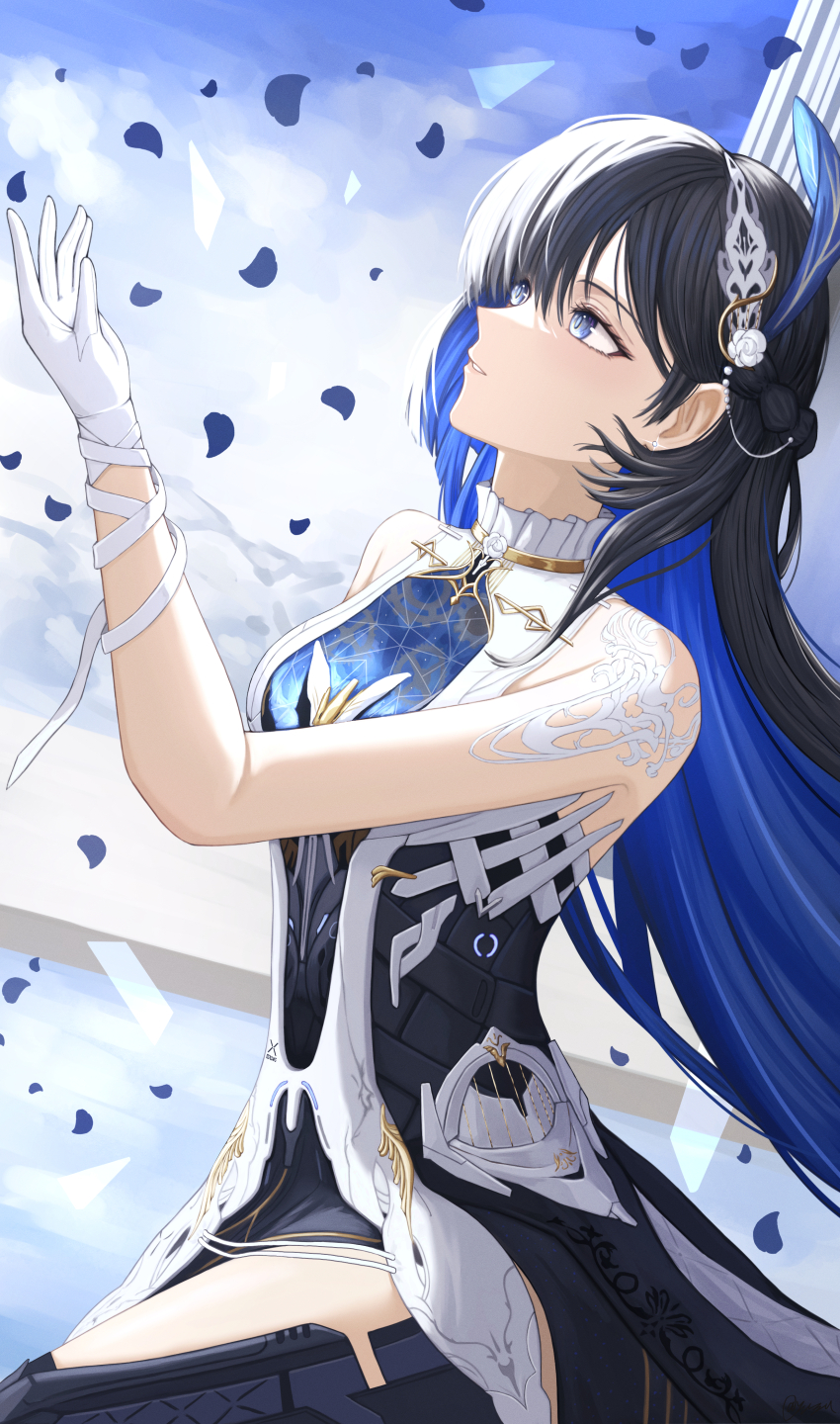 1girl absurdres bare_shoulders black_dress black_hair blue_eyes blue_hair breasts commentary_request cowboy_shot dress gloves hair_ornament hand_up highres light_smile long_hair looking_up medium_breasts multicolored_dress parted_lips punishing:_gray_raven selena:_capriccio_(pgr) selena_(pgr) solo very_long_hair white_dress white_gloves yuzu_(yuzexit565)