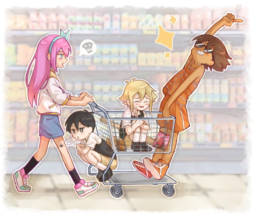 1girl 3boys absurdres aubrey_(faraway)_(omori) aubrey_(omori) basil_(faraway)_(omori) basil_(omori) black_eyes black_hair black_shoes black_socks black_sweater_vest blonde_hair blowing blue_eyes blue_hairband blue_skirt blush bright_pupils brown_hair brown_shorts bug closed_eyes collared_shirt dark-skinned_male dark_skin denim denim_skirt fly green_sweater_vest grin hairband highres in_shopping_cart indoors insect jacket kel_(faraway)_(omori) kel_(omori) knees_up long_hair looking_at_another multiple_boys omori open_mouth orange_shoes orange_shorts parted_lips pink_hair shirt shoes shopping_cart short_hair short_sleeves shorts sitting skirt smile sneakers socks speech_bubble spoken_skull squatting sunglasses sunny_(omori) sweater_vest teeth thatbirdcanfly white_jacket white_pupils white_shirt white_socks