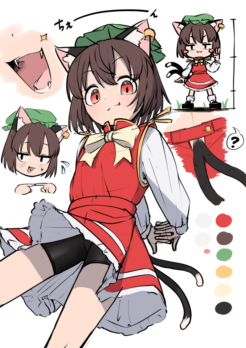 1girl :d ? absurdres animal_ear_fluff animal_ear_piercing animal_ears arms_behind_back asakura_haru bike_shorts_under_skirt blush_stickers brown_hair cat_ears cat_tail chen chibi color_guide commentary_request double-parted_bangs earrings fang fang_out fangs flying_sweatdrops frills gold_trim hat highres jewelry legs_apart long_sleeves looking_at_viewer mob_cap multiple_tails multiple_views nekomata open_mouth petticoat red_eyes red_skirt red_vest short_hair single_earring sketch skirt skirt_set smile smirk solo spoken_question_mark standing tail tail_focus touhou two_tails vest