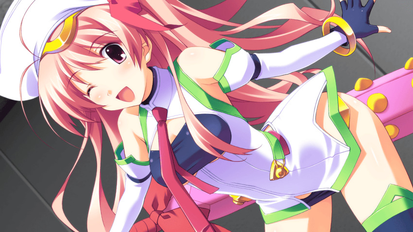 1girl 3d_background antenna_hair arm_garter bandeau bare_hips bent_over black_arm_garter black_bandeau blood_tune blush breast_cutout breasts chaos;head chaos;head_love_chu_chu! cleavage_cutout clothing_cutout club club_(weapon) cosplay cute_weapon detached_sleeves fingerless_gloves fingernails game_cg gloves hair_ribbon happy hat holding huge_weapon indoors jewelry leaning_forward leotard light_blush long_hair looking_at_viewer magical_girl matsuo_yukihiro medium_breasts necktie non-web_source official_art one_eye_closed open_mouth outstretched_arms pink_hair red_ribbon ribbon sakihata_rimi seira_orgel seira_orgel_(cosplay) shiny_skin side_ponytail smile solo spiked_club thick_thighs thighhighs thighs tile_wall tiles tongue underboob_cutout weapon white_hat white_sleeves