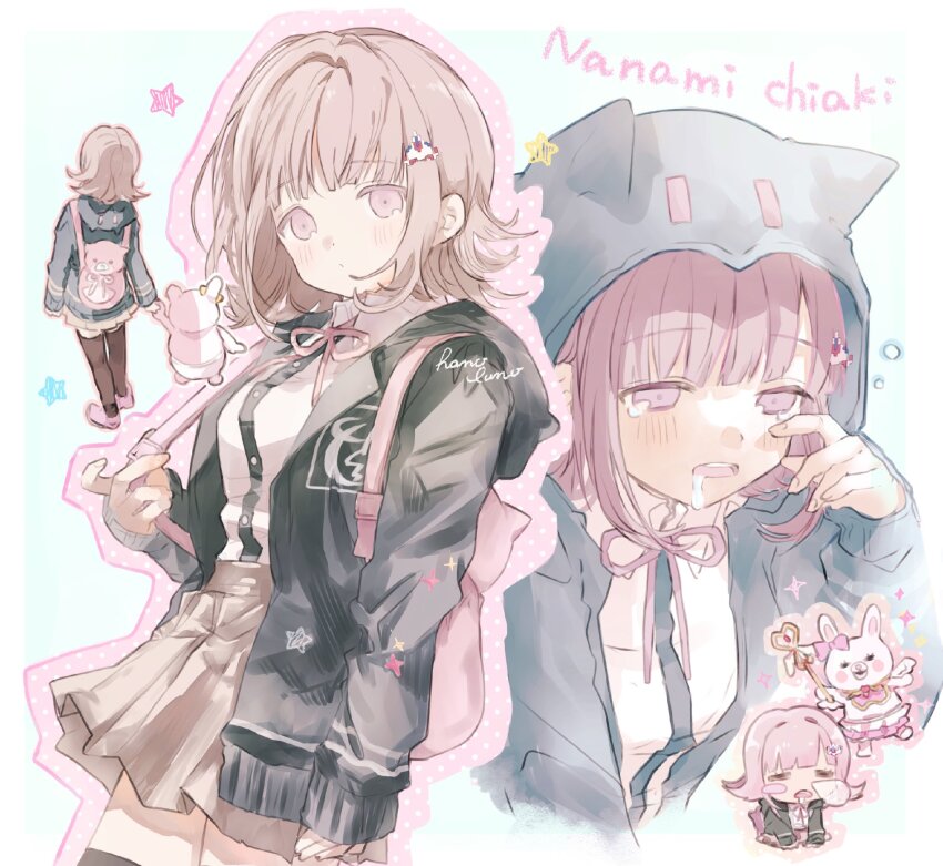 1girl animal_bag black_jacket blush bow brown_hair brown_skirt bush cat_bag character_name cowboy_shot danganronpa_(series) danganronpa_2:_goodbye_despair diaper ear_bow galaga hand_up hano_luno highres hood hood_down hood_up hooded_jacket jacket long_sleeves medium_hair miniskirt multiple_views nanami_chiaki neck_ribbon nose_bubble pink_bag pink_bow pink_eyes pink_ribbon pleated_skirt ribbon shirt shoes skirt thighhighs two-tone_shirt white_shirt zettai_ryouiki