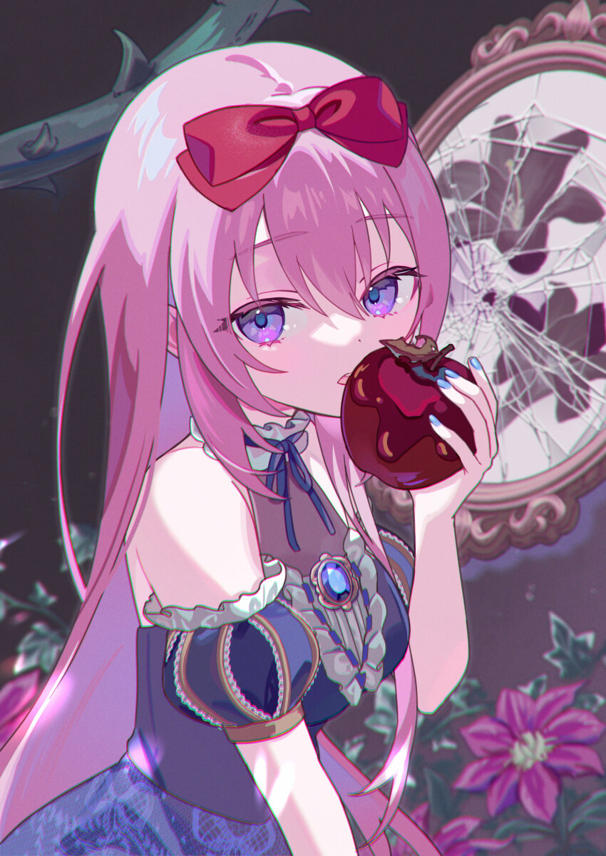 1girl absurdres apple bare_shoulders black_flower blue_dress blue_eyes blue_nails blurry blurry_background bow breasts broken_mirror center_frills choker commentary dot_nose dress english_commentary flower food frilled_choker frilled_sleeves frills from_side fruit hair_between_eyes hair_bow hand_up highres holding holding_food holding_fruit lily_(flower) long_hair long_sidelocks looking_at_viewer medium_breasts megurine_luka mirror open_mouth pink_hair puffy_short_sleeves puffy_sleeves purple_flower red_bow ribbon_choker short_sleeves sidelocks solo thorns upper_body very_long_hair vocaloid vs0mr
