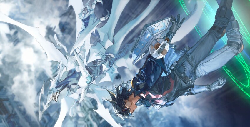 1boy absurdres bad_link belt belt_pouch black_hair black_shirt blue_eyes blue_jacket brown_belt brown_footwear brown_gloves city cityscape cloud cloudy_sky dappled_sunlight denim dragon duel_disk duel_monster elbow_gloves elbow_pads energy_ring facial_mark facing_to_the_side falling flying fudo_yusei gloves highres jacket jeans knee_pads looking_down looking_up male_focus mecha mechanical_arms mechanical_legs mechanical_tail mechanical_wings momentcorefly open_clothes open_jacket outdoors pants popped_collar pouch robot shirt shooting_quasar_dragon shoulder_pads sky sleeveless sleeveless_shirt source_request spiked_hair sunlight tail wind wings yu-gi-oh! yu-gi-oh!_5d&#039;s
