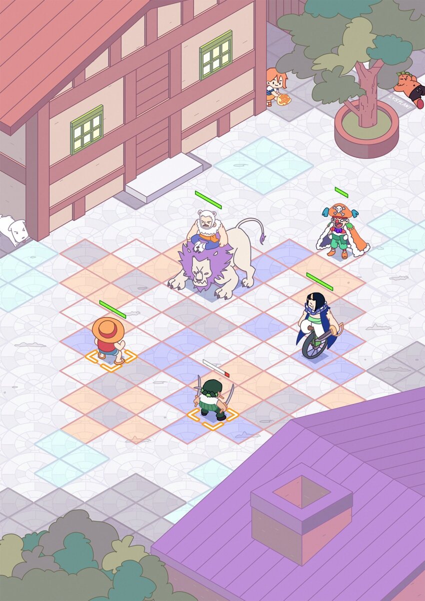 1girl 5boys animal artist_name buggy_the_clown cabaji cape chouchou_(one_piece) clown commentary dog gameplay_mechanics hat health_bar highres holding holding_weapon isometric lion lv5plant mohji monkey_d._luffy multiple_boys nami_(one_piece) nami_(one_piece)_(east_blue) one_piece orange_cape orange_hair pirate_hat red_nose red_shirt richie_(one_piece) roronoa_zoro shirt skirt sleeveless straw_hat striped_clothes striped_shirt sword tree watermark weapon weapon_in_mouth yellow_skirt