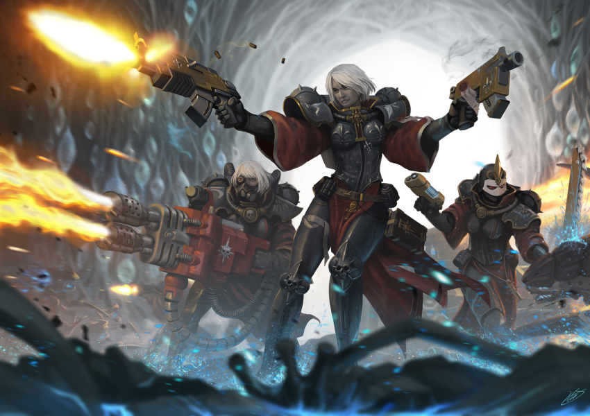 .75_calibre_bolt 3girls adepta_sororitas ammunition_belt ammunition_chute anti-materiel_cartridge armor bolt_(warhammer_40k) bolter book directed-energy_weapon dual_wielding energy energy_gun energy_weapon epic flamethrower high-explosive_cartridge highres holding mask multiple_girls okita plasma plasma_gun rocket-assisted_projectile short_hair silver_hair sisters_of_battle tyranid warhammer_40k weapon window_magazine