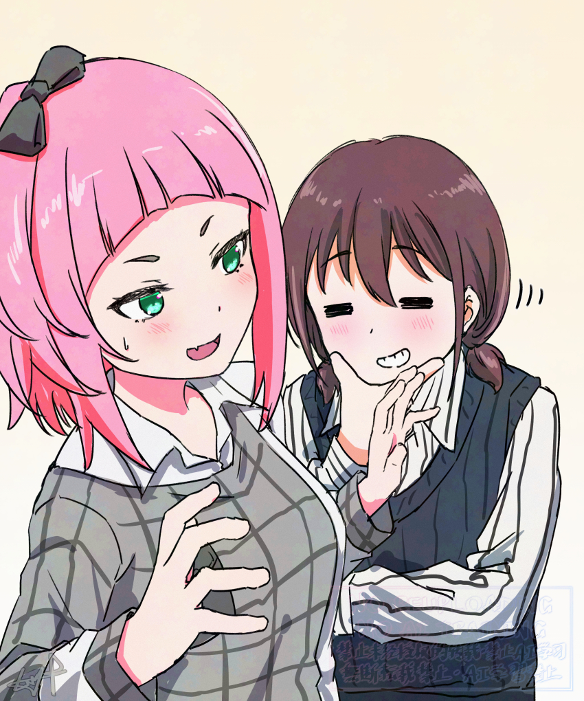2girls =_= absurdres black_bow blue_sweater_vest blush bow brown_hair chinese_commentary commentary_request crossover fang girls_band_cry green_eyes hair_bow highres iseri_nina low_twintails multiple_girls mutsuki_(mutsuki0110) one_side_up open_mouth pink_hair shirt short_hair short_twintails skin_fang striped_clothes striped_shirt sweatdrop sweater_vest swimsuit twintails watase_kiui white_shirt yoru_no_kurage_wa_oyogenai
