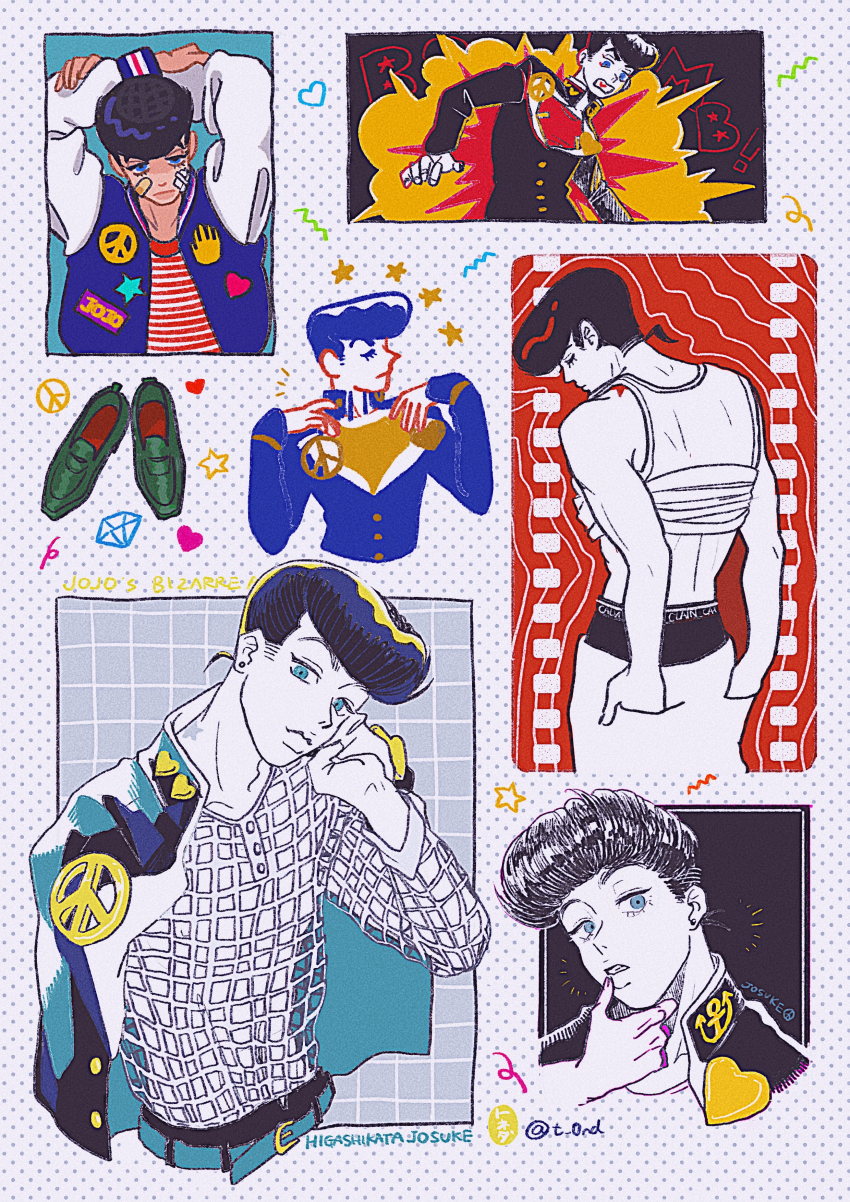 absurdres aqua_belt aqua_eyes black_hair black_jacket black_male_underwear blue_jacket character_name closed_eyes copyright_name diamond_wa_kudakenai dotted_background drawn_heart drawn_star english_text fishnet_top fishnets gakuran gem_(symbol) green_shoes hand_on_own_cheek hand_on_own_chin hand_on_own_face hands_in_pockets hands_on_own_shoulders heart heart_ornament higashikata_josuke highres jacket jojo_no_kimyou_na_bouken looking_at_viewer male_focus male_underwear open_mouth peace_symbol pompadour red_shirt school_uniform shirt shirt_rolled_up shoes star_(symbol) striped_clothes striped_shirt t_0nd underwear white_sleeves yellow_shirt
