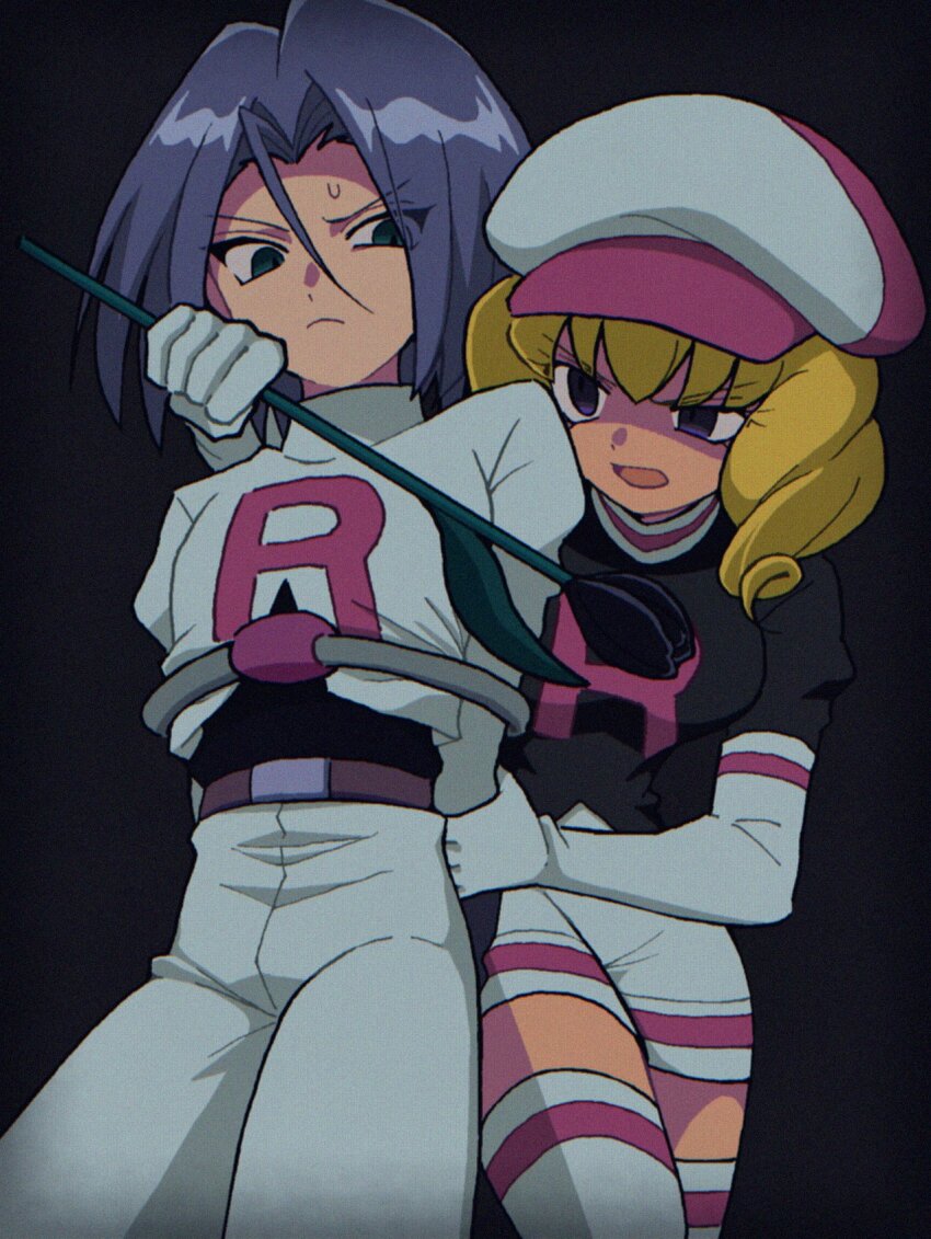 1boy 1girl black_background black_flower black_tulip blonde_hair blue_hair boots bound domino_(pokemon) flower gloves green_eyes hat highres james_(pokemon) macchiromomomo mob_cap nintendo pokemon pokemon_(anime) pokemon_(classic_anime) purple_eyes sweatdrop team_rocket team_rocket_uniform tied_up_(nonsexual) tulip