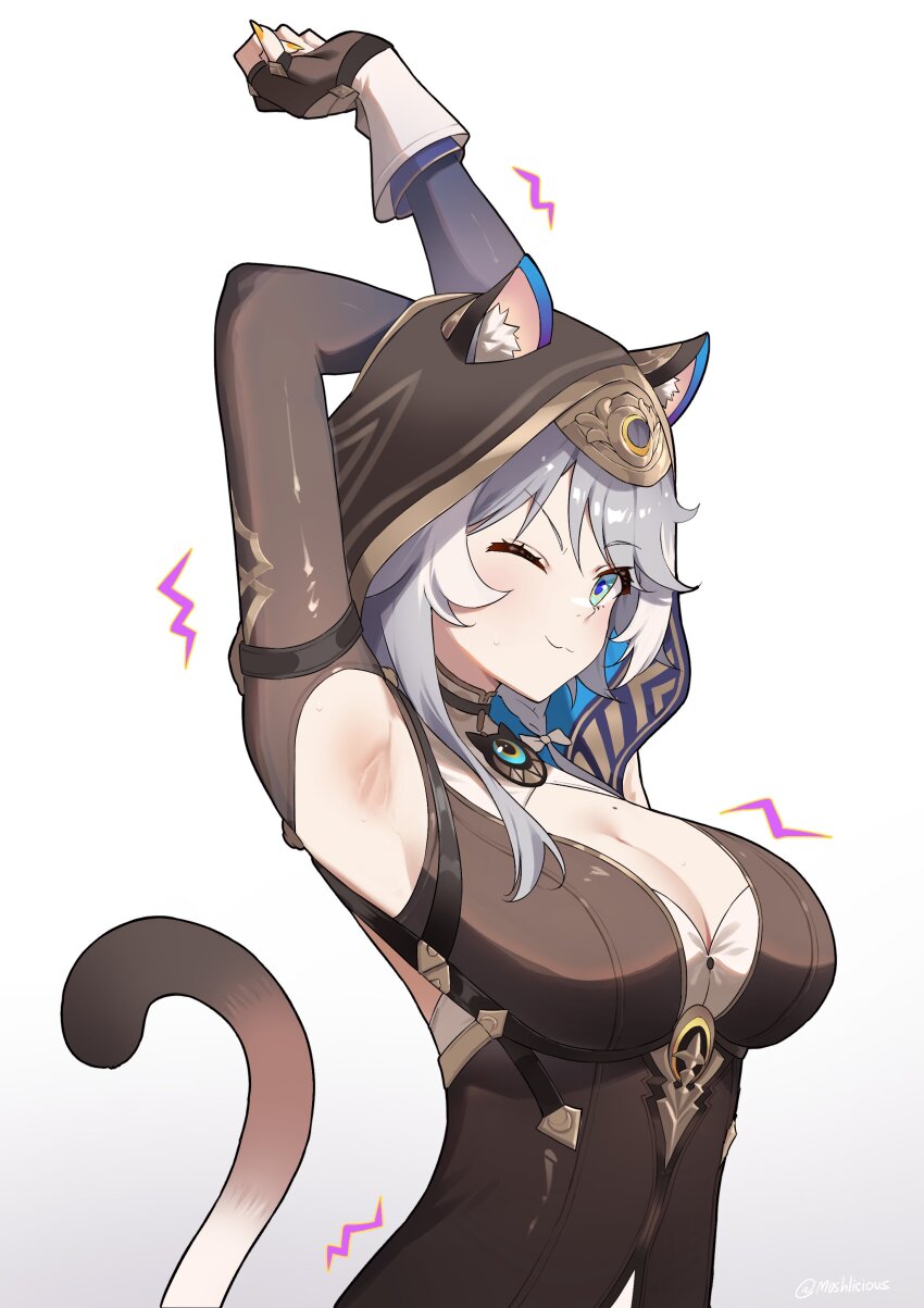 1girl absurdres animal_ear_fluff animal_ears arm_up armpits black_gloves blue_eyes bow breasts cat_ears cat_girl cat_tail cipher_(honkai:_star_rail) cleavage commentary english_commentary fingerless_gloves gloves gradient_background hair_bow highres honkai:_star_rail honkai_(series) hood hood_up large_breasts mole mole_on_breast mush_(mushlicious) nail_polish one_eye_closed solo stretching tail upper_body white_background white_bow white_hair yellow_nails