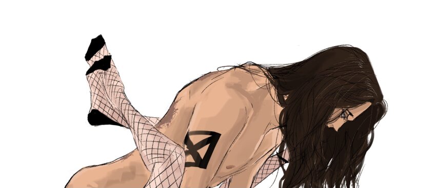 1boy 1girl arm_tattoo brown_hair commentary fishnet_pantyhose fishnet_top fishnets highres kalifa_(one_piece) leg_lock long_hair nude one_piece pantyhose popsweetyio rob_lucci scar scar_on_back simple_background tattoo white_background