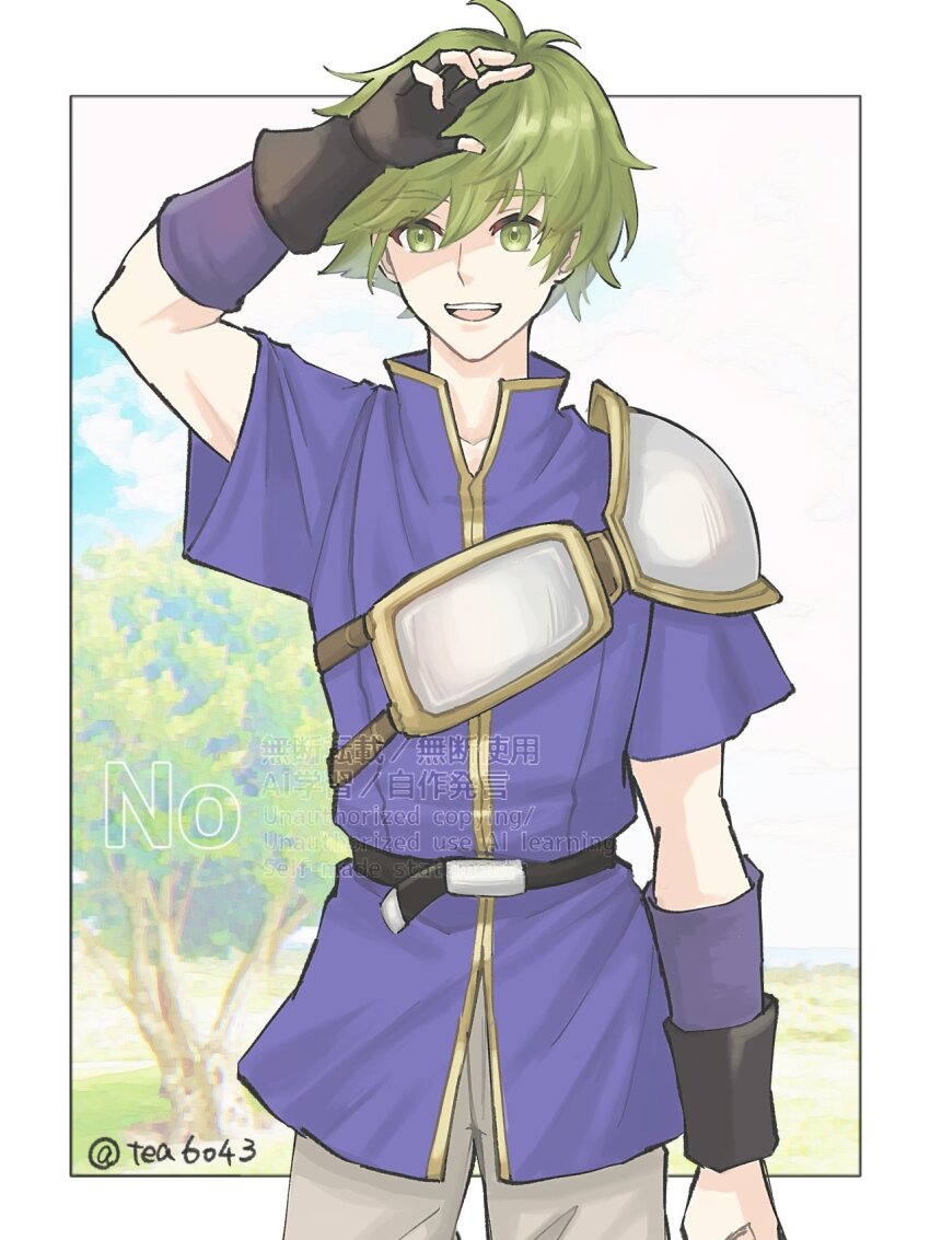 1boy arm_up armor artist_name border fire_emblem fire_emblem:_the_binding_blade green_eyes green_hair grey_pants highres looking_at_viewer male_focus nintendo open_mouth outdoors outside_border pants pauldrons shoulder_armor single_pauldron smile solo standing tea6043 teeth twitter_username upper_teeth_only watermark white_border wolt_(fire_emblem)