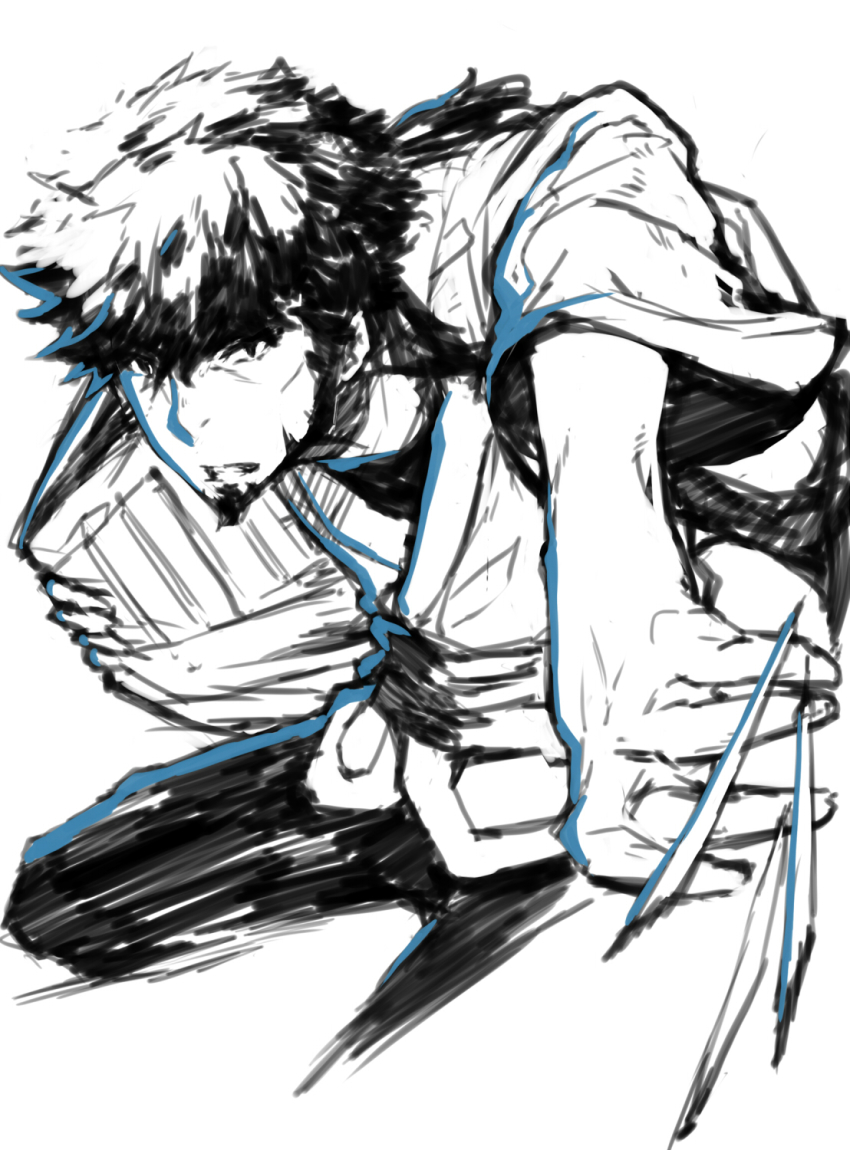 10s 1boy beard dimension_w facial_hair highres japanese_clothes mabuchi_kyoma monochrome open_mouth pants short_hair weapon