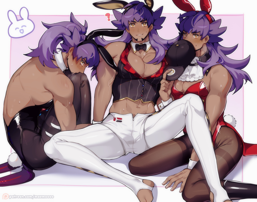 3boys ? animal_ears animal_print arm_between_legs ascot ass bara bare_shoulders baseball_cap beard black_bow black_bowtie black_footwear black_leotard black_pantyhose black_vest blush boots bow bowtie brown_leggings buttons chariko checkered_clothes checkered_vest commentary covering_own_mouth dark-skinned_male dark_skin detached_collar english_commentary facial_hair fake_animal_ears fetal_position hat heart holding holding_unworn_clothes holding_unworn_hat jacket kiss lapels leggings legs_apart leon_(pokemon) leon_(sygna_suit)_(pokemon) leotard long_hair looking_at_viewer male_focus male_playboy_bunny midriff multicolored_leggings multiple_boys multiple_persona navel newsboy_cap nintendo notched_lapels on_floor pantyhose pectoral_cleavage pectorals playboy_bunny pokemon pokemon_masters_ex pokemon_swsh ponytail purple_hair rabbit_ears rabbit_print rabbit_tail red_leotard red_vest shorts sitting smile spread_legs strapless strapless_leotard striped_clothes striped_vest sweat sweatdrop tailcoat tearing_up teeth two-sided_fabric unworn_hat unworn_headwear vest wariza white_ascot white_leggings white_shorts wrist_cuffs wristband yellow_eyes