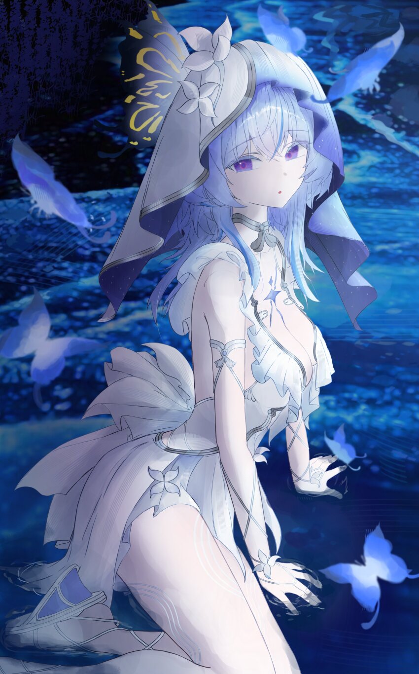 1girl absurdres arm_support armlet bare_legs blue_butterfly blue_hair blue_veil breasts bug butterfly colored_eyelashes commentary dress from_side highres insect jewelry large_breasts legs long_hair looking_at_viewer minseong_jo parted_lips purple_eyes shoes shorekeeper_(wuthering_waves) sitting sitting_on_water sleeveless sleeveless_dress solo symbol-only_commentary two-tone_veil veil white_dress white_shoes white_veil wuthering_waves yokozuwari