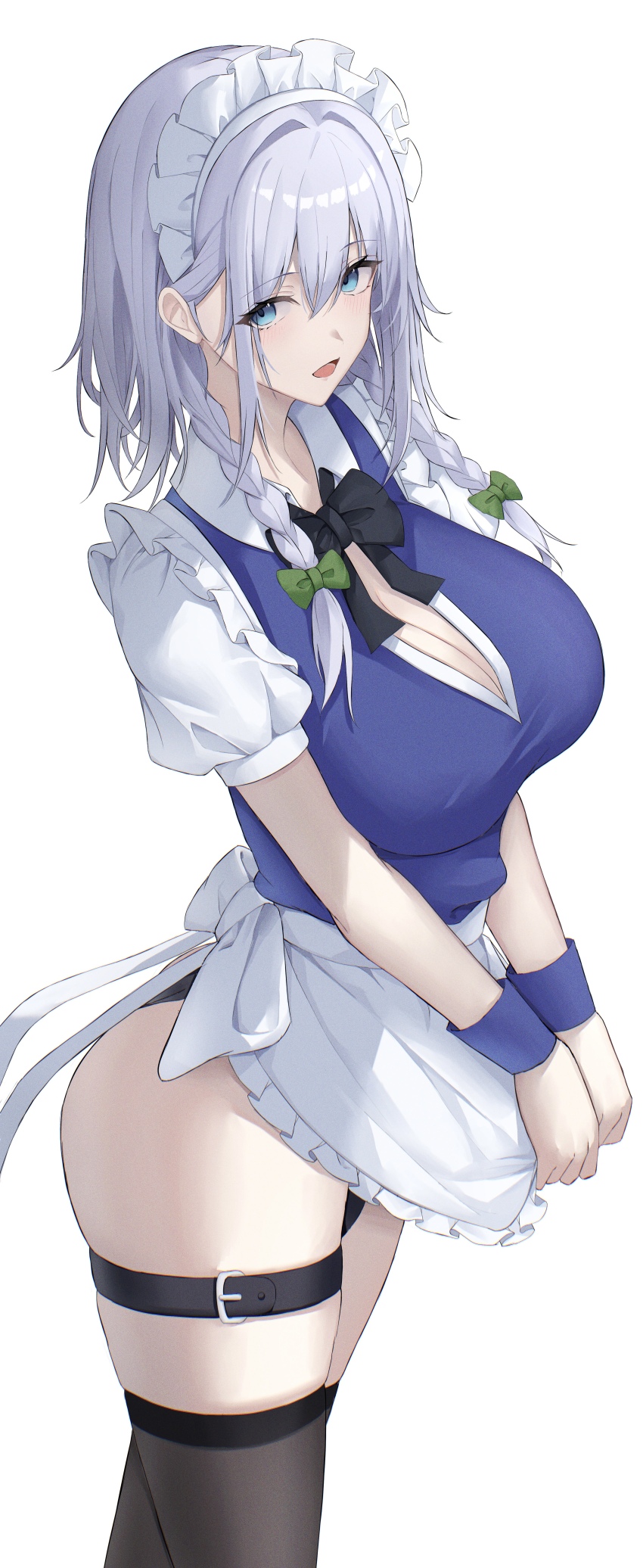 1girl 7saki absurdres belt black_belt black_thighhighs blue_eyes bow braid breasts cleavage green_bow grey_hair hair_bow highres izayoi_sakuya large_breasts looking_at_viewer maid_headdress medium_hair open_mouth puffy_short_sleeves puffy_sleeves short_sleeves simple_background solo thigh_belt thigh_strap thighhighs touhou twin_braids white_background