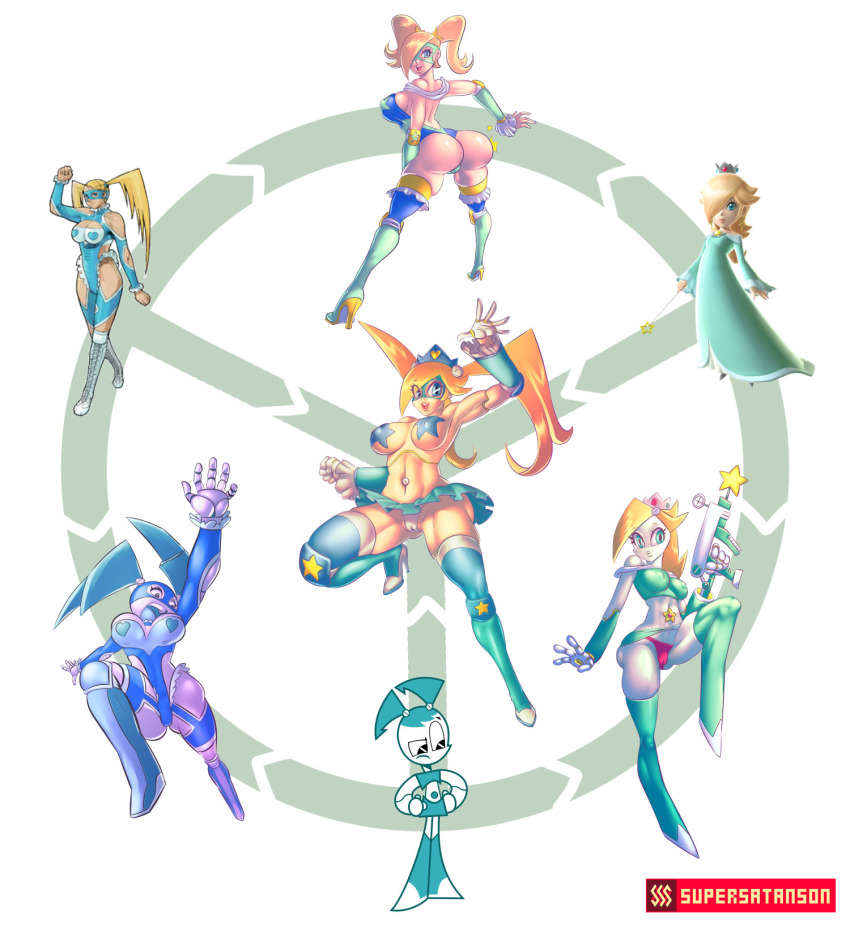3girls :d android aqua_dress artist_name ass blonde_hair blue_eyes bodysuit boots breasts cameltoe chaps commentary_request covered_erect_nipples dress fusion gun handgun heart hexafusion high_heel_boots high_heels higher_resolution_available highres jenny_wakeman leotard long_hair long_sleeves looking_back machinery mario_(series) mask midriff multiple_girls muscular my_life_as_a_teenage_robot navel_piercing nintendo open_mouth pasties piercing rainbow_mika robot rosalina simple_background smile spanked spanking star_(symbol) star_pasties street_fighter super_mario_galaxy supersatanson thighhighs twintails very_long_hair wand weapon white_background