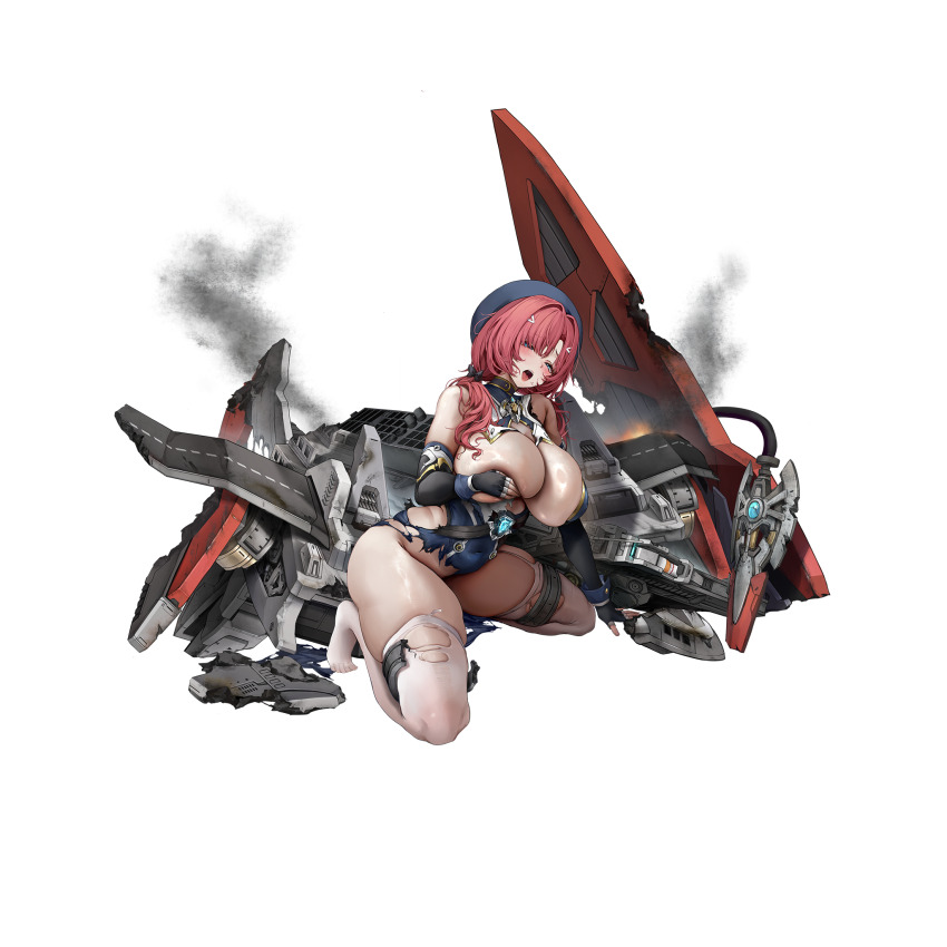 1girl all_fours artist_request black_gloves black_ribbon blue_dress blue_eyes blue_hat blue_wrist_cuffs blush breasts covered_navel covering_breasts covering_nipples covering_privates detached_collar dress fingerless_gloves flight_deck franklin_d._roosevelt_(warship_girls_r) full_body gloves hair_ornament hair_ribbon hairclip hand_on_own_chest hat highres huge_breasts looking_at_viewer low_twintails official_art open_mouth red_hair ribbon rigging smoke smokestack solo thighhighs tongue tongue_out torn_clothes torn_dress torn_thighhighs transparent_background twintails warship_girls_r white_thighhighs wrist_cuffs