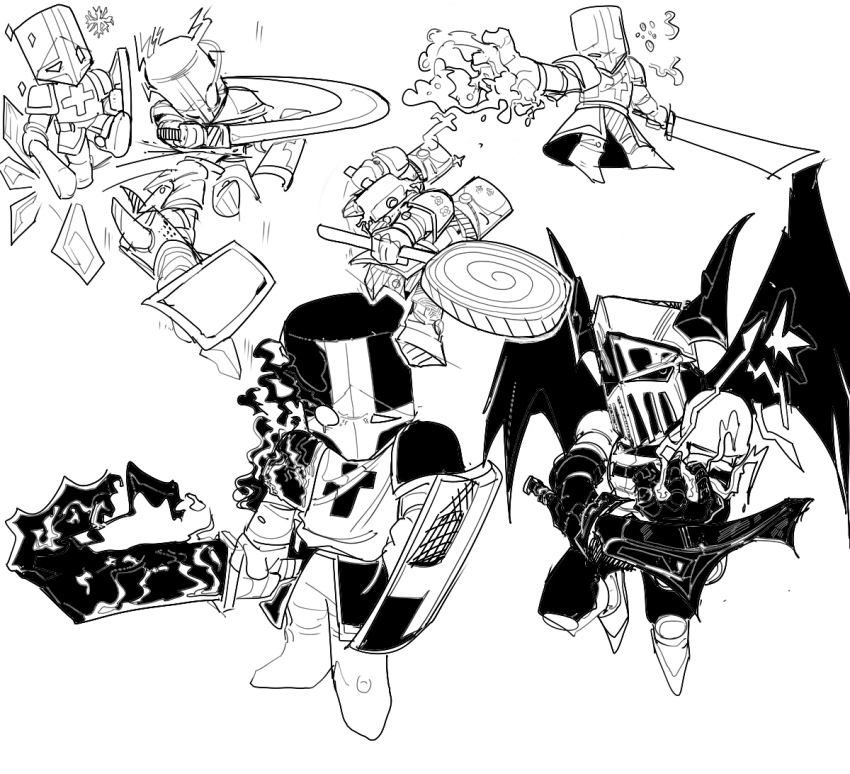 1other 6+boys antlers armor art_study barbarian barbarian_(castle_crashers) blacksmith_(castle_crashers) blue_knight_(castle_crashers) candy castle_crashers commentary_request cryokinesis egg_(sa1324575446) electricity electrokinesis eye_trail fire food green_knight_(castle_crashers) greyscale hammer holding holding_candy holding_food holding_hammer holding_lollipop holding_shield holding_sword holding_weapon horns ice knight light_trail lollipop magic monochrome multiple_boys necromancer necromancer_(castle_crashers) orange_knight_(castle_crashers) pink_knight_(castle_crashers) pyrokinesis red_knight_(castle_crashers) shield simple_background smear_frame snowflakes swinging_weapon swirl_lollipop sword toxikinesis uneven_eyes weapon white_background wings