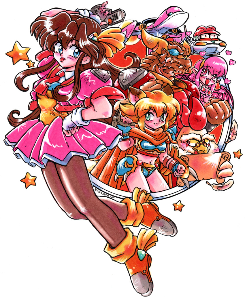 2boys 3girls :p absurdres animal_ears arm_shield arm_up armor artist_name bat_wings bikini_armor blonde_hair blue_armor blue_eyes blue_gloves brown_hair cape chicken_boy closed_mouth colored_sclera commentary crime_crackers doran_(crime_crackers) emilia_f._alkanet eyepatch facial_mark fang fangs feathers fingerless_gloves fox_ears fox_girl furry furry_male glasses gloves green_eyes gun hair_ornament hairband hand_on_own_hip handgun heart highres holding holding_gun holding_map holding_sword holding_weapon horns jacket kokomahi leaza_(crime_crackers) long_hair looking_to_the_side map mini_eyewear monster_boy multiple_boys multiple_girls nail_polish navel non-humanoid_robot official_art open_clothes open_jacket open_mouth orange_cape orange_shoes pantyhose parrot_(crime_crackers) pink_eyes pink_gloves pink_hair pink_jacket pink_nails pink_skirt pink_wings pleated_skirt pointy_ears potpourri_vampu puffy_short_sleeves puffy_sleeves red_eyes red_shirt robot round_eyewear shirt shoes short_hair short_sleeves sidelocks signature single_shoulder_pad skirt smile spacecraft star_(symbol) sword tongue tongue_out weapon white_background white_gloves wings yellow_hairband yellow_sclera yellow_shirt