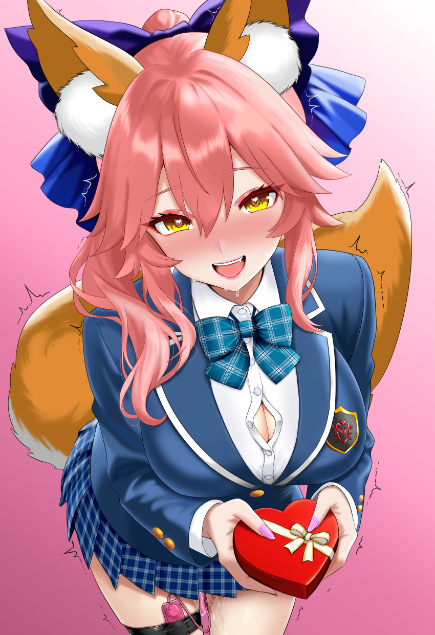 1girl absurdres alternate_costume animal_ear_fluff animal_ears aqua_bow aqua_bowtie bertstudent blue_bow blue_skirt bow bowtie box breasts button_gap chocolate fate/grand_order fate_(series) fox_ears fox_girl fox_tail gift hair_between_eyes hair_bow heart heart-shaped_box heart-shaped_pupils highres holding holding_gift huge_breasts large_breasts long_hair looking_at_viewer miniskirt open_mouth pink_hair plaid_bow plaid_bowtie plaid_clothes plaid_skirt pleated_skirt pussy_juice school_uniform sex_toy skirt solo split_ponytail symbol-shaped_pupils tail tamamo_(fate) tamamo_no_mae_(fate/extra) valentine vibrator vibrator_cord vibrator_in_thigh_strap yellow_eyes