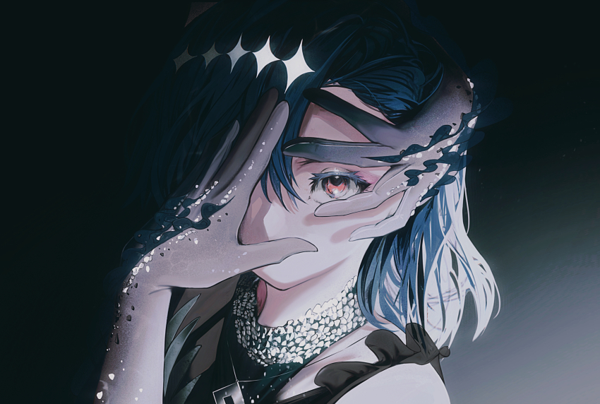 1girl absurdres amamizu_shizuku bare_shoulders black_background black_gloves black_hair commentary_request covering_one_eye gloves gradient_background hands_on_own_face highres jewelry long_hair looking_at_viewer medalist_(manga) necklace okazaki_iruka red_eyes sleeveless solo upper_body