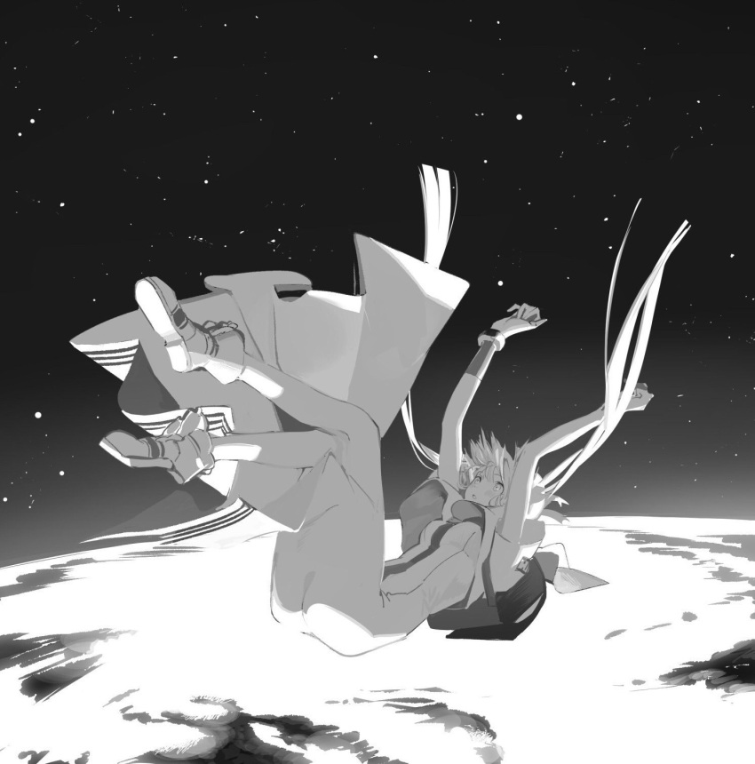1girl aria_(manga) aria_company_uniform arms_up bad_id bad_twitter_id dress earth_(planet) floating_hair full_body greyscale highres inactive_account legs_up long_hair midair mizunashi_akari monochrome planet shoe_soles sky solo space star_(sky) starry_sky suiso_(owp)