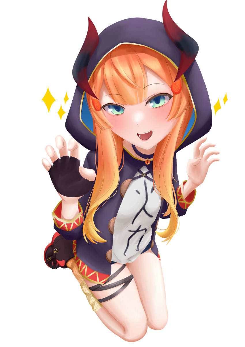 1girl absurdres asymmetrical_gloves blue_eyes blush breasts commission fake_horns fingerless_gloves gloves hair_ornament highres horns japanese_text kneeling long_hair looking_at_viewer miki_hitsugi open_mouth orange_hair shoes small_breasts socks specialite_en teeth thighs virtual_youtuber