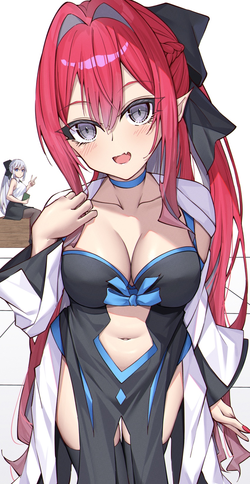 2girls absurdres baobhan_sith_(fate) black_dress black_skirt black_thighhighs blue_eyes breasts cleavage clothing_cutout cosplay dress fate/grand_order fate_(series) grey_eyes hand_up highres looking_at_viewer morgan_le_fay_(fate) morgan_le_fay_(fate)_(cosplay) morgan_le_fay_(third_ascension)_(fate) mother_and_daughter multiple_girls navel navel_cutout open_mouth pointy_ears ponytail sitting skirt thighhighs toukan v white_hair