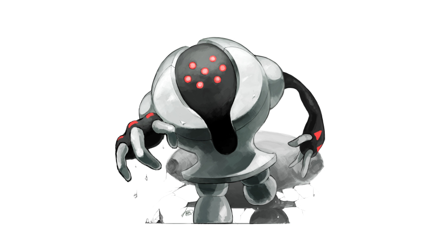 absurdres commentary_request gen_3_pokemon highres leaning_forward legendary_pokemon looking_at_viewer nintendo no_humans pokemon pokemon_(creature) red_eyes registeel solo standing walking warabimoti168 white_background