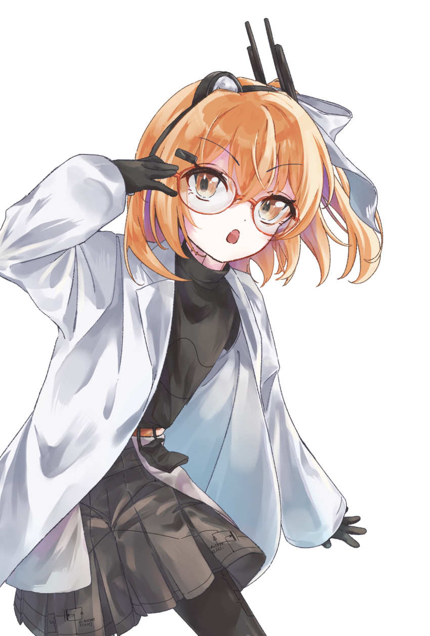 1girl a.i._voice adachi_rei adjusting_eyewear belt_pouch bespectacled black_gloves black_pantyhose black_shirt black_skirt circuit coat cowboy_shot glasses gloves hair_ribbon hamano_yui hand_up headlamp highres long_sleeves looking_at_viewer medium_hair miniskirt open_clothes open_coat open_mouth orange-framed_eyewear orange_eyes orange_hair pantyhose pleated_skirt pouch ribbon round_eyewear shirt simple_background skirt solo standing turtleneck utau white_background white_coat white_ribbon