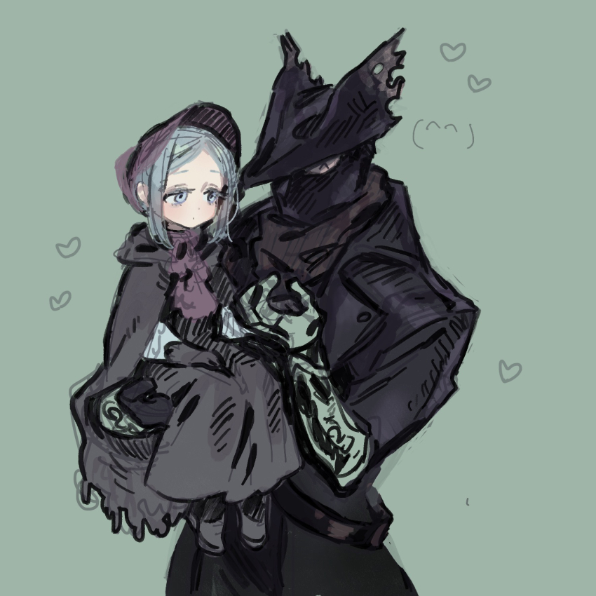 1boy 1girl aged_down bloodborne cloak coat grey_eyes grey_hair highres hunter_(bloodborne) looking_at_another oimo_(14sainobba) plain_doll sketch smile