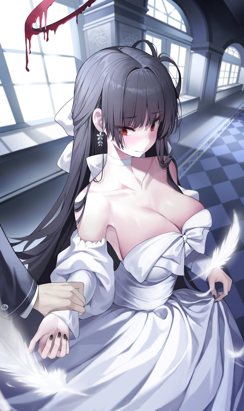 1boy 1girl absurdres ahr_tato antenna_hair bare_shoulders black_hair black_nails blood blood_halo blue_archive bow breasts choker cleavage closed_mouth collarbone detached_sleeves dress falling_feathers feathers hair_bow halo highres large_breasts liquid_halo long_hair melting_halo nail_polish official_alternate_costume red_eyes red_halo tsurugi_(blue_archive) tsurugi_(dress)_(blue_archive) wedding_dress white_bow white_choker white_dress