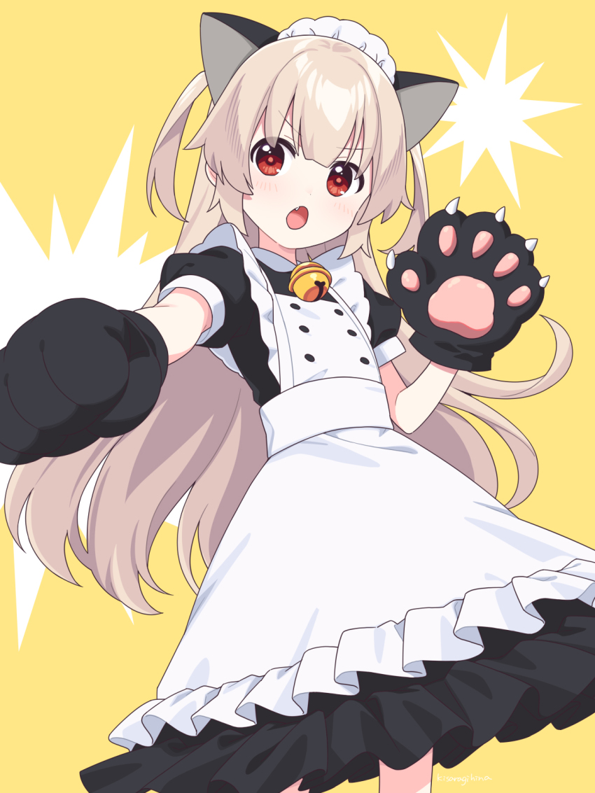 1girl :o animal_ears animal_hands apron bell black_dress blonde_hair cat_ears commentary_request cowboy_shot dress fake_animal_ears fang frilled_apron frills gloves highres jingle_bell kisaragi_hina long_hair looking_at_viewer maid_headdress natori_sana open_mouth paw_gloves puffy_short_sleeves puffy_sleeves red_eyes sana_channel short_sleeves simple_background solo standing two_side_up virtual_youtuber white_apron yellow_background
