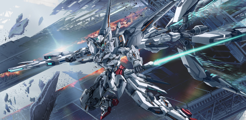 absurdres beam_cannon energy_sword commentary_request debris dual_wielding energy_cannon flying green_eyes gundam gundam_calibarn gundam_suisei_no_majo highres holding holding_cannon holding_sword holding_weapon legs_apart lens_flare mecha mecha_focus mobile_suit no_humans robot science_fiction solo sword thrusters v-fin veerinly weapon