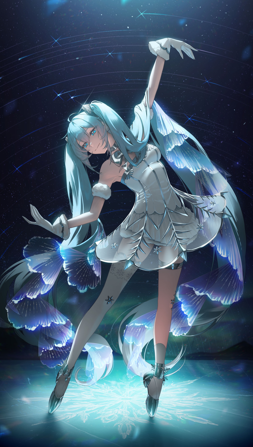 1girl absurdres aqua_eyes aqua_hair arm_up asymmetrical_legwear ballerina ballet ballet_slippers closed_mouth daae dress en_pointe full_body gloves gramophone_miku gramophone_miku_(frostflower) hatsune_miku highres long_hair miku_symphony_(vocaloid) night night_sky official_alternate_costume outstretched_arm see-through_clothes see-through_dress short_dress sky socks solo star_(sky) star_trail thighhighs tiptoes tutu twintails vocaloid white_dress white_gloves white_socks white_thighhighs