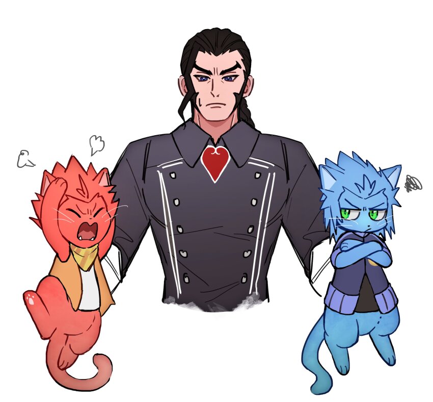 1boy absurdres angry animal animalization arms_up bandana bandana_around_neck black_hair black_jacket black_shirt blue_eyes blue_jacket cat closed_eyes clothed_animal commentary_request cropped_torso crossed_arms dilan fangs frown gloves green_eyes highres holding holding_animal holding_cat isa_(kingdom_hearts) jacket kingdom_hearts kingdom_hearts_birth_by_sleep lea_(kingdom_hearts) light_frown long_hair male_focus open_mouth orange_vest red_fur scribble shirt sideburns simple_background spiked_hair squidkid528 sweatdrop upper_body vest white_background white_gloves white_shirt wing_collar yellow_bandana