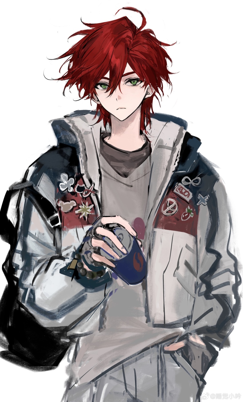 1boy absurdres ahoge backpack bag black_bag black_gloves black_shirt can chinese_commentary closed_mouth collared_jacket commentary_request cowboy_shot denim drink_can expressionless fingerless_gloves gloves green_eyes grey_pants grey_vest hair_between_eyes hand_in_pocket highres holding holding_can jacket jeans light_frown lips long_sleeves male_focus mole mole_under_eye open_clothes open_jacket original pants red_hair shirt short_hair simple_background soda_can solo standing thick_eyebrows vest white_background white_jacket zi_yin