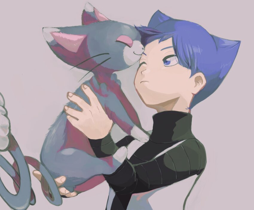1boy blue_eyes blue_hair cat closed_eyes closed_mouth commentary_request creatures_(company) game_freak gen_4_pokemon glameow grey_background highres holding holding_pokemon kiss kissing_forehead long_sleeves male_focus nintendo one_eye_closed pokemon pokemon_(creature) pokemon_dppt saturn_(pokemon) simple_background team_galactic_uniform the_force upper_body whiskers