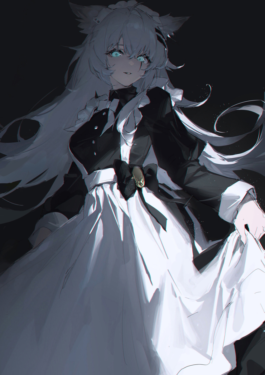 1girl ahoge alternate_costume animal_ears apron aqua_eyes arknights black_dress bow breasts clothes_lift commentary dress dress_lift gloves highres kuuus lappland_(arknights) long_hair long_sleeves maid maid_apron maid_headdress parted_lips scar scar_across_eye scar_on_face solo white_gloves white_hair wolf_ears wolf_girl