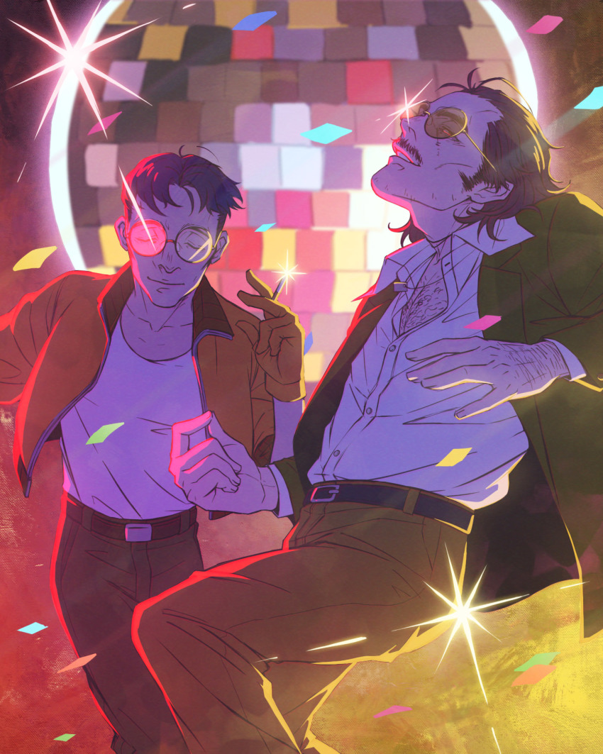 2boys asd4486 belt black_hair cigarette confetti dancing disco_elysium closed_eyes facial_hair glasses glint gloves green_jacket harry_du_bois highres indoors jacket jewelry kim_kitsuragi long_sleeves male_focus multiple_boys mustache necklace orange_gloves orange_jacket pants smile tinted_eyewear