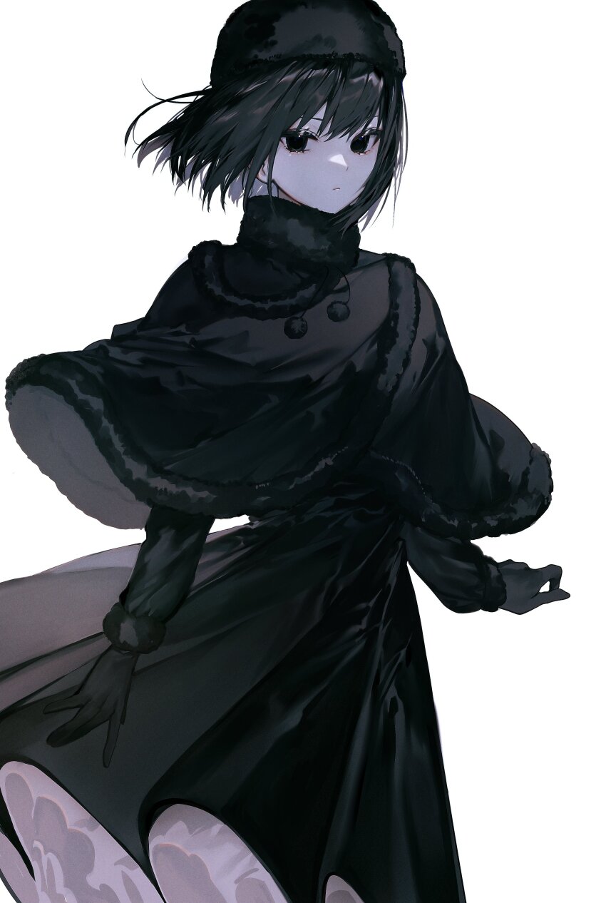1girl absurdres albino_(a1b1n0623) black_capelet black_dress black_eyes black_hair breasts capelet dress fur-trimmed_capelet fur-trimmed_headwear fur_hat fur_trim gloves hat highres kuonji_alice long_sleeves looking_at_viewer mahou_tsukai_no_yoru short_hair ushanka white_background
