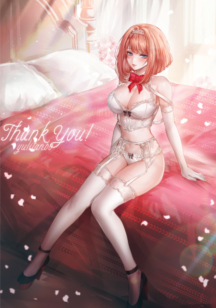 1girl alternate_costume aqua_eyes ark_royal_(kancolle) blunt_bangs bob_cut breasts commission elbow_gloves flower garter_belt gloves hair_flower hair_ornament headband highres inverted_bob kantai_collection large_breasts lingerie looking_at_viewer navel neck_flower on_bed panties red_flower red_hair red_rose rose short_hair sitting skeb_commission smile solo thighhighs underwear white_bustier white_garter_belt white_gloves white_headband white_panties white_thighhighs yuli_(yulipo)