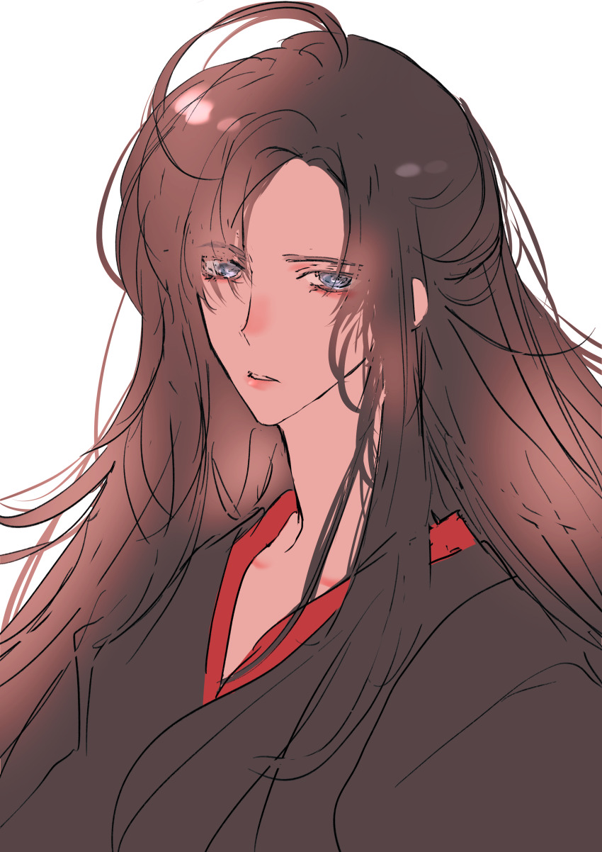 1boy absurdres ahoge black_hair black_hanfu blue_eyes brown_hair chinese_clothes hair_down half_updo hanfu highres long_hair looking_at_viewer modao_zushi naruse_(kmk648) official_alternate_hairstyle parted_bangs parted_lips robe sidelocks simple_background sketch solo upper_body wei_wuxian wei_wuxian_(yiling_laozu) white_background