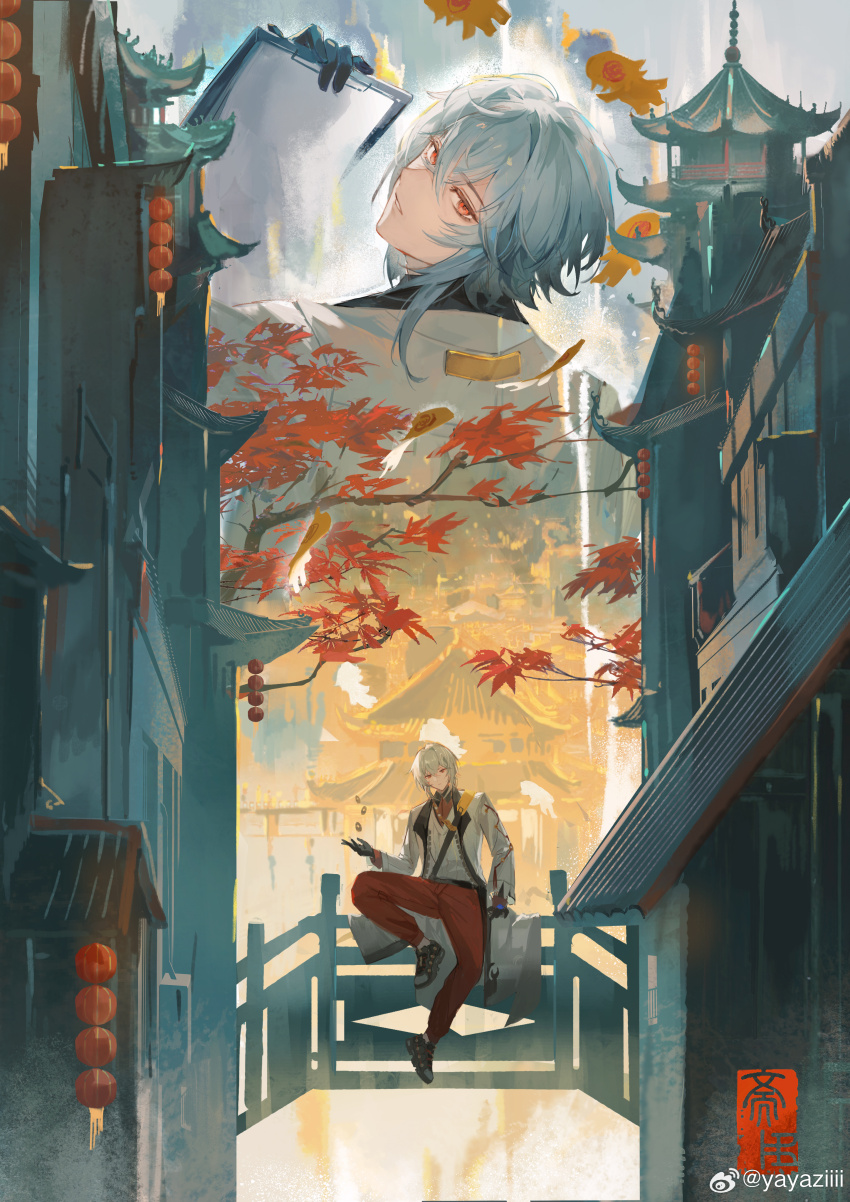 1boy absurdres architecture autumn_leaves black_footwear black_gloves bridge character_name clipboard coat east_asian_architecture gloves guilongchao hand_up highres lantern leaf maple_leaf maple_tree multiple_views pants paper_lantern red_eyes red_pants seal_impression seal_script shirt short_hair sitting straight-on tree upper_body watermark weibo_watermark white_coat white_hair white_shirt wide_shot wooden_bridge yayaziiii zhaixi_(guilongchao)