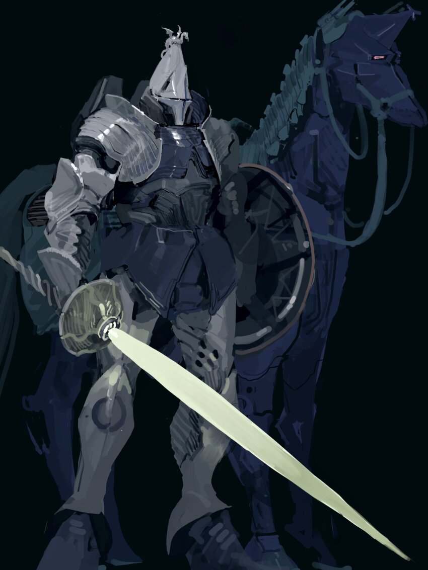 arm_shield energy_sword black_background full_body gundam gyan highres holding holding_sword holding_weapon horse knight looking_ahead mecha mobile_suit mobile_suit_gundam no_humans non-humanoid_robot one-eyed red_eyes rintaro_komori robot robot_animal science_fiction simple_background standing sword weapon